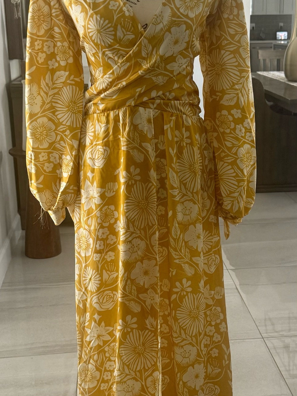 Yellow Floral Wrap Maxi Dress, Long Sleeve